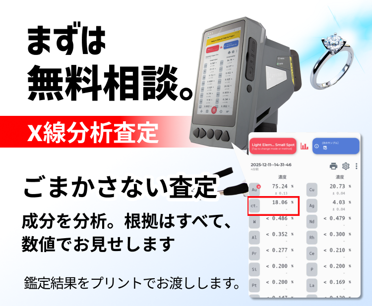 まずは無料相談。X線分析査定　ごまかさない査定 成分を分析。根拠はすべて、数値でお見せします　鑑定結果をプリントでお渡しします。